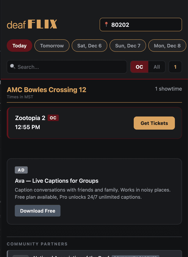 deafFLIX app showing open caption movie showtimes