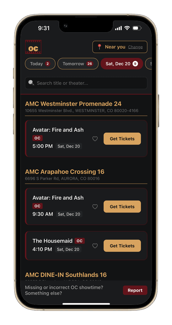 Open Caption Finder app showing open caption movie showtimes